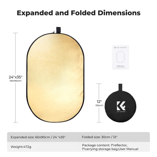 Miniatura 4 de K&F CONCEPT 24" x 36" (60x90cm) Reflector Oval Plegable 5 en 1 con Bolsa de Transporte, Tela Reflectante Oro, Plata, Negro, Blanco y Tela