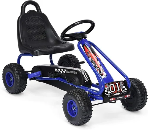HONEY JOY Go Kart para niños, carrito de 4 ruedas alimentado por pedal con volantes y asiento ajustable, freno de mano de seguridad, neumáticos Azul