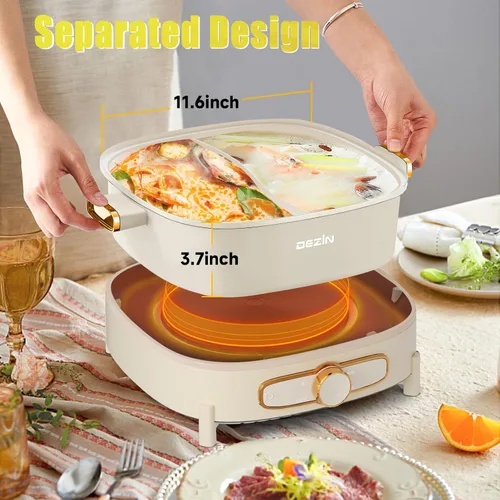 Miniatura 6 de Dezin Olla eléctrica caliente Shabu Shabu de 5.5 L, doble sabor, cocina antiadherente extraíble de doble cara, olla dividida de 3 pulgadas
