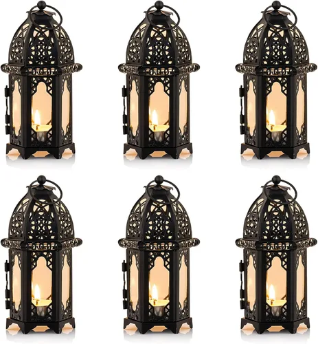 NUPTIO Portavelas colgantes, 6 unidades, farol, centro de mesa, de cristal, hexagonal, marroquí, portavelas, color negro