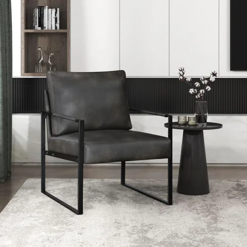 Miniatura 11 de Lexicon Silla decorativa moderna, tapizada de piel sintética con reposabrazos envueltos, sillón con marco de metal negro, cómoda silla individual