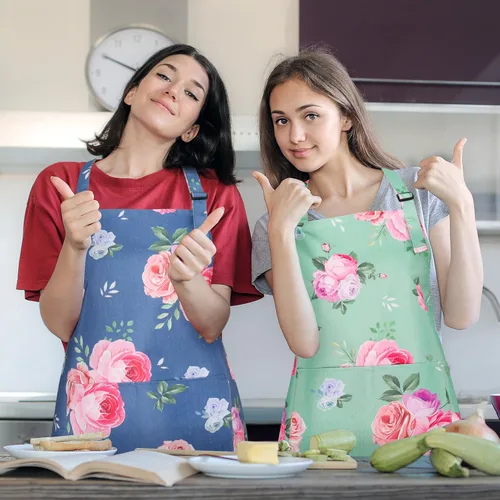 Miniatura 6 de Paquete de 2 delantales florales para mujer con bolsillos, delantal de cocina ajustable para cocinar, hornear, jardinería, manualidades