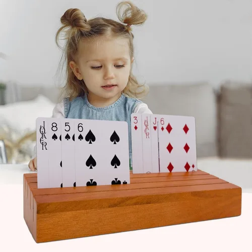 Miniatura 5 de Juego de soportes para mazos de cartas de madera para niños y adultos, juego de bandejas con soporte para cartas de 4 piezas para organizar