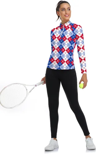 Miniatura 29 de WOWENY Camiseta deportiva de manga larga para mujer, con cremallera de un cuarto, cuello para entrenamiento, camiseta de tenis con estampado