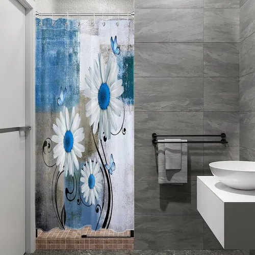 Miniatura 4 de Cortina de ducha floral con margaritas azules, flores blancas y mariposas en tela moderna abstracta geométrica gris para baño, 10 ganchos, 48 x 72