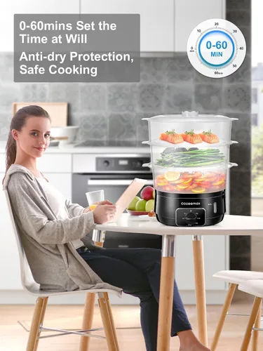 Miniatura 5 de Vaporizador eléctrico de 3 niveles para cocinar, vaporizador de verduras de 13.7 cuartos de galón para cocción simultánea rápida, vaporizador