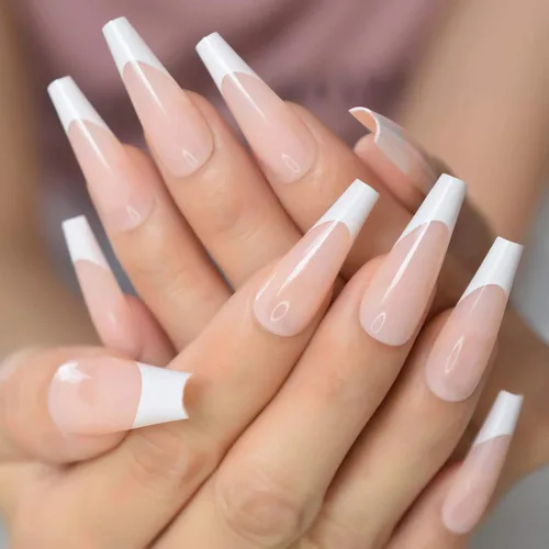 Miniatura 3 de Puntas de uñas largas tipo ataúd, puntas de uñas blancas a presión, uñas postizas artísticas francesas diseñadas con uñas de gel UV, uñas de salón