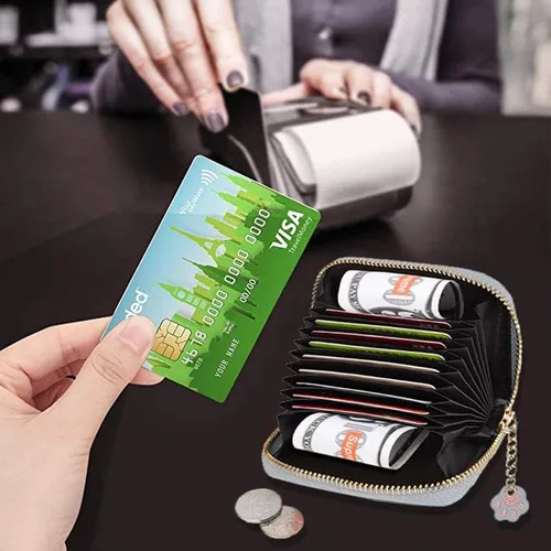 Miniatura 5 de Sunwel Fashion Lindo portatarjetas con diseño de gato pequeño - Estuche para tarjetas con cremallera de acordeón, bolsillos para efectivo, monedero