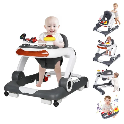Miniatura 10 de Kinder King Andador para bebés con música y luces, 5 en 1 caminante de actividad para bebés con rueda, altura y asiento ajustables, asiento de Negro