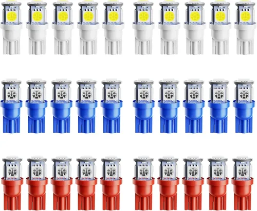 Alopee Paquete de 30 bombillas LED 194 multicolor blanco/azul/rojo combo 12V DC T10 base de cuña 5SMD-5050 para 168 921 2825 W5W 158 501 coche