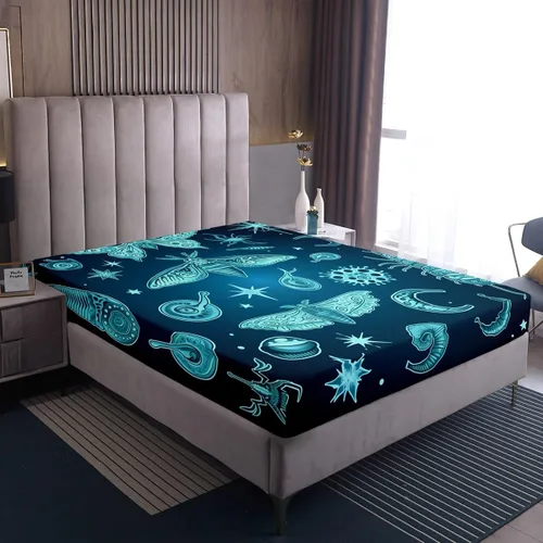 Miniatura 7 de Erosebridal Juego de ropa de cama color verde azulado tamaño individual, sábana bajera ajustable de polilla exótica Trippy Sun y Moon para niñas