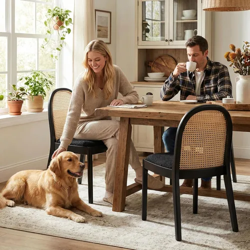 Miniatura 10 de LukeAlon Juego de 2 sillas de comedor de lino, sillas laterales de caña tejida natural con patas de madera maciza, sillas de comedor de mediados