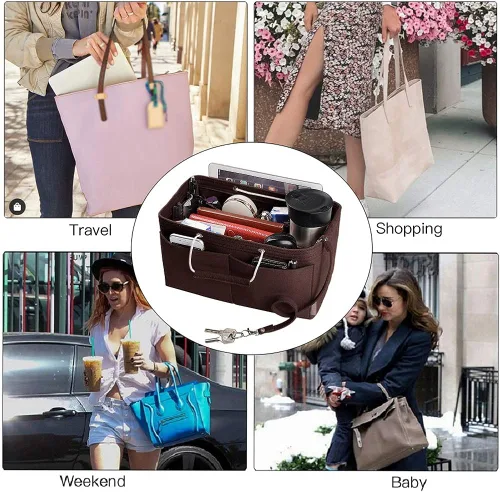 Miniatura 7 de Organizador de bolso, organizador de bolsos de fieltro con múltiples bolsillos, inserto organizador de bolsos con asas, mediano, grande, XL, Gris