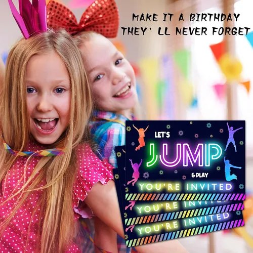 Miniatura 3 de ISOVF Tarjetas de invitación de fiesta de cumpleaños de neón de 4 x 6 pulgadas con sobres (20 juegos) – Invitaciones de fiesta de trampolín Bounce