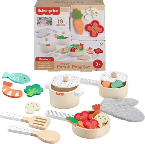 Fisher-Price Juego de Cocina de Madera de Juego de Simulación Juego de Ollas y Sartenes, Conjunto de Juego de 19 Piezas de Madera, Metal y Tela para