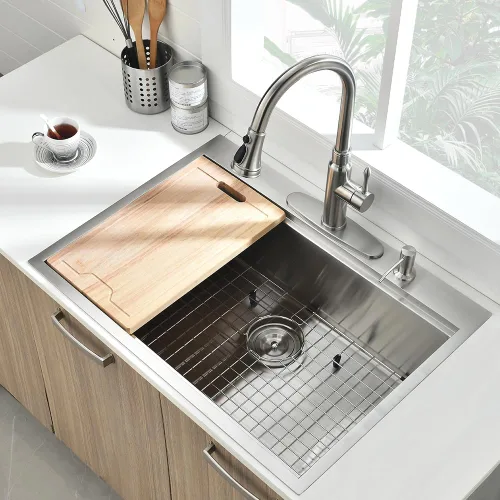 Miniatura 3 de Fregadero de cocina con estación de trabajo de 33 pulgadas, fregadero de cocina de acero inoxidable calibre 16, fregadero de cocina hecho a mano