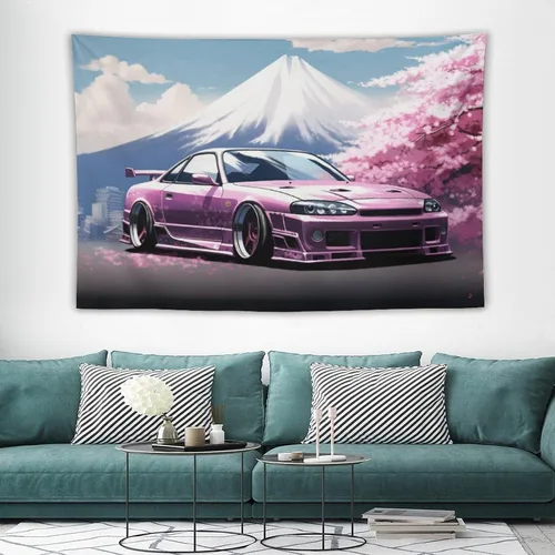 Miniatura 3 de FeoYoed Jdm Car R33 - Tapiz para colgar en la pared, arte de pared para dormitorio, sala de estar, monte japonés, Fuji, flor de cerezo rosa, 40 x 60