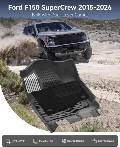 Miniatura 2 de 3W Alfombrillas (con pedales de metal) y alfombras aptas para Ford F-150 2015-2026 y F150 Lightning 2022-2025 SuperCrew, TPE para todo