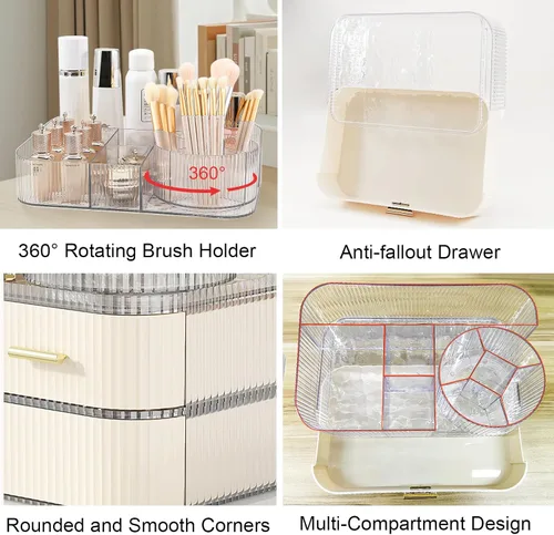Miniatura 6 de DASITON Organizador de Maquillaje con Cajones y Soporte Giratorio para Brochas de Maquillaje, Organizador de Cosméticos Apilable de Gran Capacidad