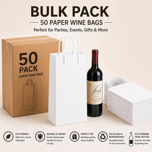 Miniatura 6 de Bolsas de regalo de vino kraft con asas, paquete de 50 bolsas de papel marrón para botellas de vino, 5.25 x 3.25 x 13 pulgadas (kraft blanco)