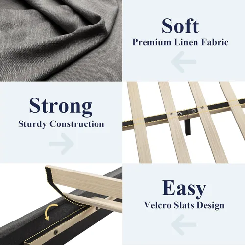 Miniatura 5 de Allewie - Base de cama Queen con cabecera ajustable, cama tapizada con plataforma y listones de madera, base de colchón resistente, no necesita Gris