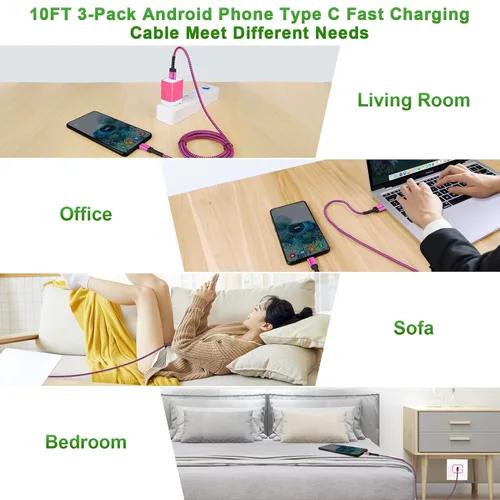 Miniatura 7 de Paquete de 3 cables Samsung de carga rápida USB tipo C de 10 pies para Samsung Galaxy S26 Ultra/A17 5G/A16/A56/S25FE/A15/A54/S24Plus/Z