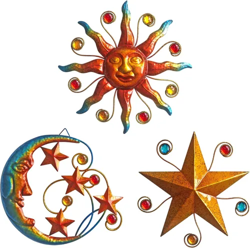 Miniatura 9 de Limygus Adornos de Sol y Luna para Pared para Exteriores, Arte de Pared de Metal Colorido con Sol y Luna y Estrellas Perfecto para Patio, Jardín