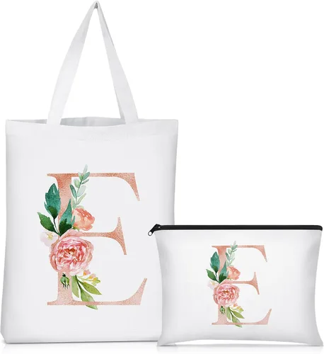 Miniatura 9 de Sanwuta 2 bolsas de lona con inicial, diseño floral con letras florales, bolsas de cosméticos de viaje, bolsas con monograma para mujer, mujer