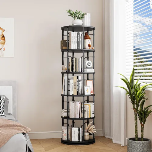 Miniatura 7 de Estantería giratoria de 5 niveles de altura, torre giratoria de 360°, organizador de estante redondo giratorio vertical para espacios pequeños, Negro
