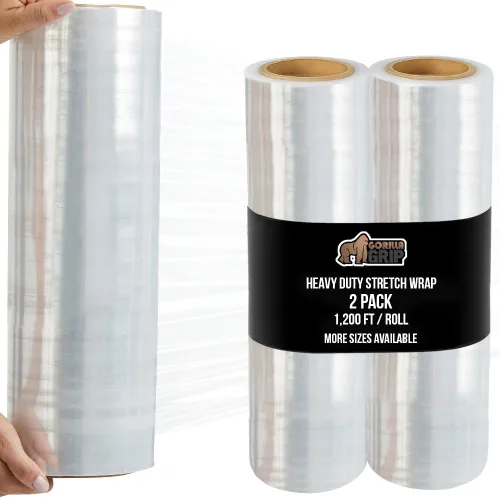 GORILLA GRIP Film extensible 500% de plástico resistente, paquete de 2 rollos de envoltura retráctil de 1200 pies de 17 pulgadas, resistente a