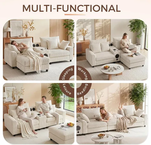 Miniatura 4 de MAKIAAP Sofá modular de pana de 83 pulgadas con altavoces, cómodo sofá biplaza de asiento profundo con otomana móvil, consola, cargador USB, Beige