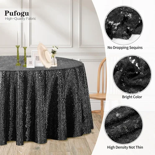 Miniatura 3 de Pufogu Mantel redondo de lentejuelas negras de 50 pulgadas con purpurina negra para decoración de cumpleaños, boda, despedida de soltera, baby