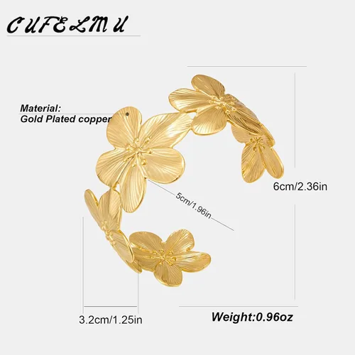 Miniatura 5 de Brazalete hueco de flor vintage dorada para mujer, pulsera abierta ajustable