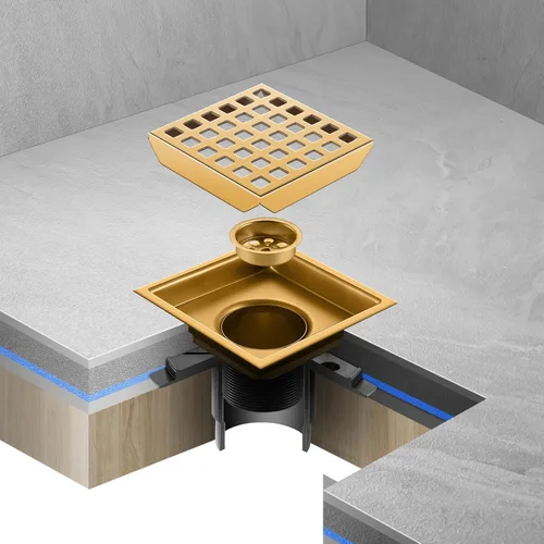 Miniatura 5 de Drenaje de ducha, oro cepillado de 4 pulgadas, drenaje cuadrado de piso de ducha con brida, panel de rejilla removible de acero inoxidable SUS 304