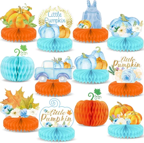 12 piezas de decoración de calabaza pequeña para baby shower, centros de mesa de calabaza de otoño, nido de abeja, A Little Pumpkin is On The Way,