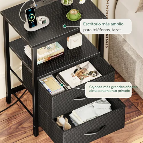 Miniatura 7 de Huuger - Mesita de noche con estación de carga y luces LED, mesita de noche con 2 cajones, mesa auxiliar de cama con estante abierto, mesa auxiliar
