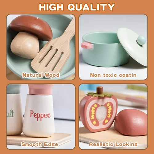 Miniatura 2 de Accesorios de cocina de juguete de madera, juegos de ollas y sartenes de simulación para juego de cocina de niños con estufa de juguete