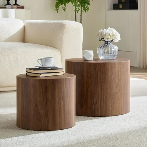 Miniatura 8 de Juego de 2 mesas auxiliares redondas, mesa auxiliar anidable y mesa auxiliar de madera con tambor circular pequeño para sala de estar, oficina, sin