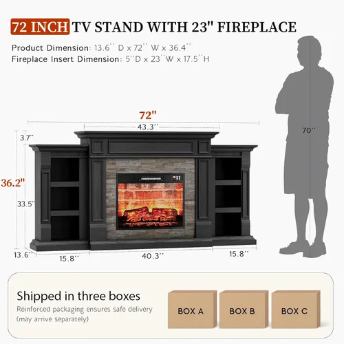 Miniatura 9 de LGHM - Soporte de TV con chimenea de 72 pulgadas para televisores de hasta 80 pulgadas, chimenea eléctrica con repisa, centro de entretenimiento