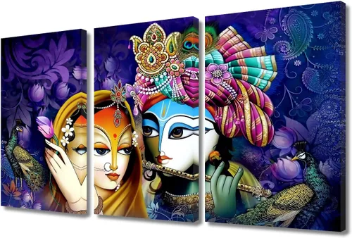Miniatura 29 de Pintura india hindú Dios Señor Krishna imágenes sobre lienzo, arte de pared de 3 piezas, arte de pared moderno, decoración del hogar para sala