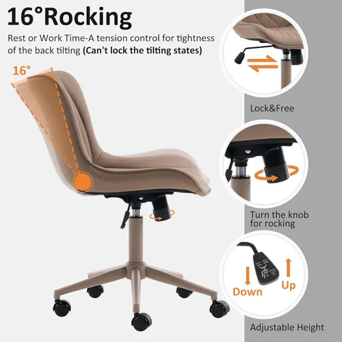 Miniatura 5 de YOUTASTE Silla de oficina color caqui, moderna silla de escritorio sin brazos con respaldo, silla giratoria ajustable de piel sintética con ruedas