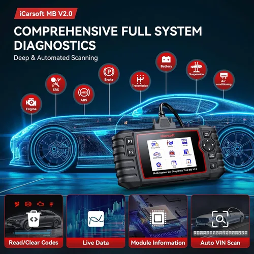 Miniatura 2 de iCarsoft MB V2.0 para escáner Mercedes Benz OBD2, herramienta de diagnóstico de sistema completo, 8 reinicios Auto VIN
