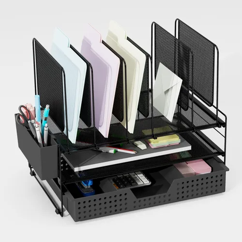 LEKETREE Organizador de escritorio, organización de oficina con soporte de archivos vertical, organizador de archivos con cajón y soporte para