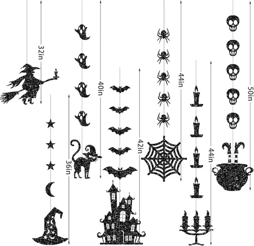 Miniatura 4 de Guirnalda colgante de Halloween negra con purpurina, fantasmas, brujas, murciélagos, arañas, casa encantada, gato y más, suministros de fiesta