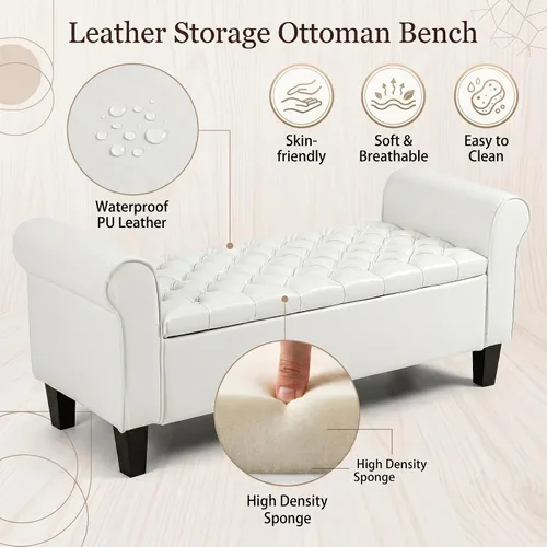Miniatura 4 de ECOTOUGE Banco otomano de almacenamiento de 55 pulgadas para sala de estar, banco de pie de cama con brazo enrollado, otomano de cuero con Blanco