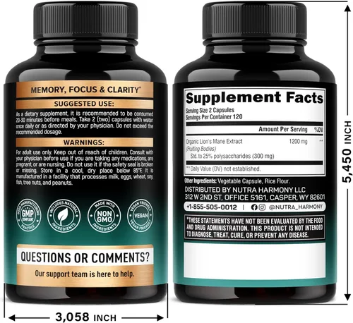 Miniatura 2 de Cápsulas de Suplemento de Melena de León - Melena de León Orgánica - Fabricado en Estados Unidos - Extracto de Cuerpos Fructíferos - 1200 mg, 25%