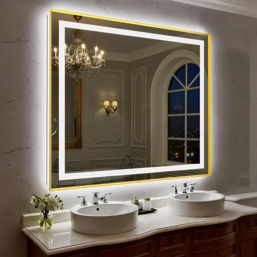 Miniatura 35 de Espejo de baño LED de 24 x 32 pulgadas con luces, espejo de tocador de baño con marco negro con luz frontal + retroiluminación para pared, vidrio