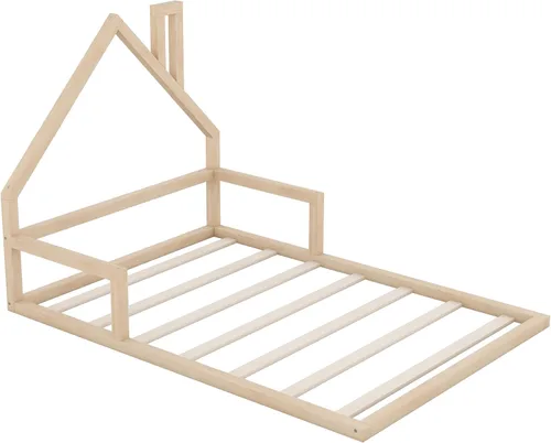Miniatura 5 de MERITLINE - Cama de suelo de tamaño matrimonial para niños, marco de cama Montessori de madera con cabecera y rieles en forma de casa, plataforma