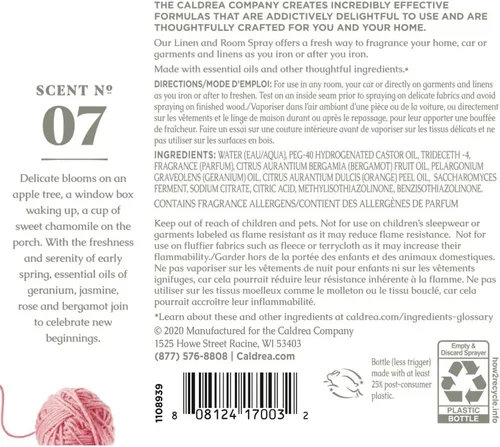 Miniatura 2 de Caldrea Ambientador en aerosol de lino y habitación, hecho con aceites esenciales, ingredientes derivados de plantas, aroma a guisante dulce, 16