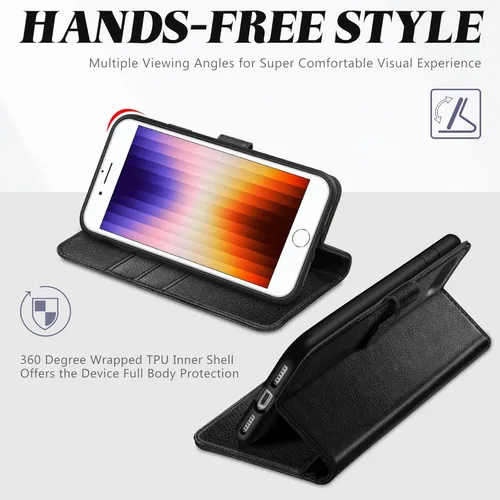 Miniatura 4 de TUCCH Funda tipo cartera para iPhone SE 2022/SE 2020/iPhone 8/7, tarjetero con función atril de piel sintética, magnética, funda protectora de Negro